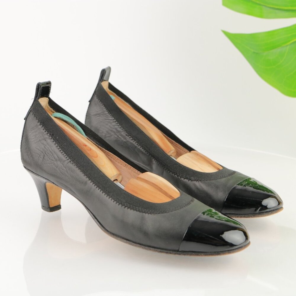 VTG Anyi Lu Womens Pump Size 38.5 8.5 Black Leather Kitten Heel Dress Shoe Comfy